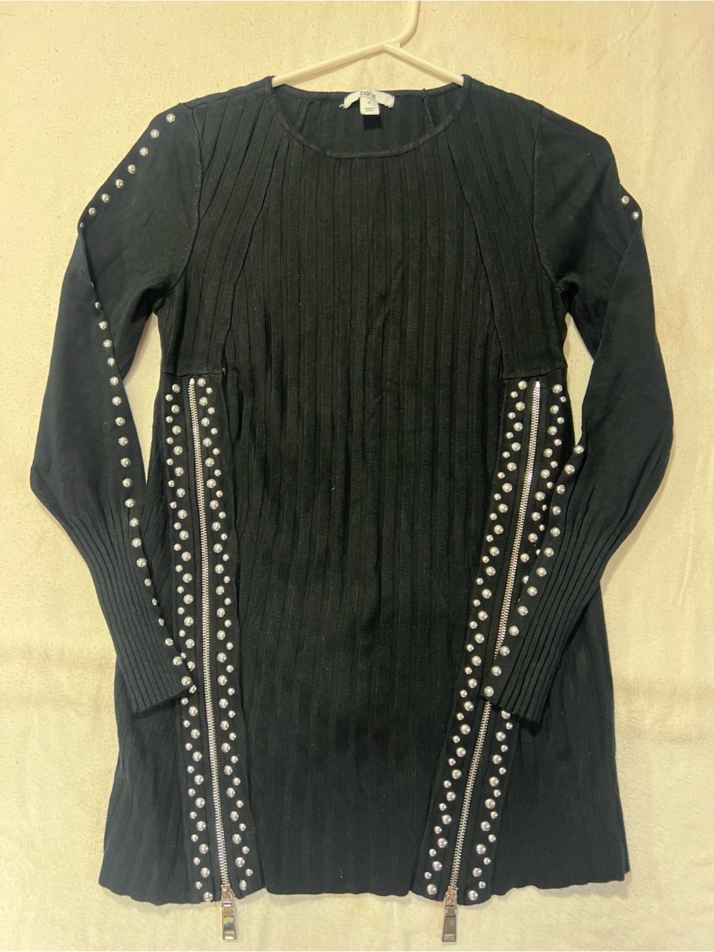 Bar III Black Ribbed Long-Sleeve Dress with Silver Studs & Zippers